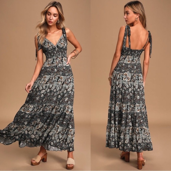 Free People • Let's Smock About It Maxi Slip dress black floral print tiered - Picture 5 of 15